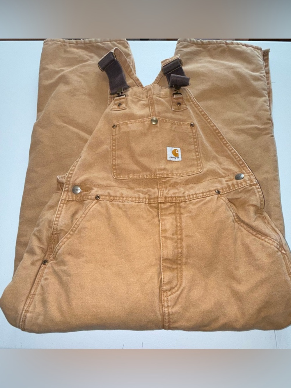 Carhartt Boys Size 12 Brown Duck Canvas Overalls Knee Pad Inseam 25 Workwear - Picture 5 of 11